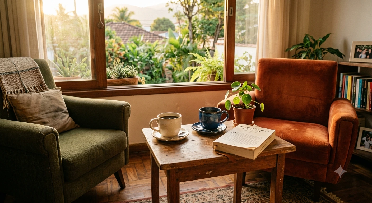 Duas xícaras de café sobre mesinha entre duas poltronas voltadas uma para a outra, com livro aberto ao lado
