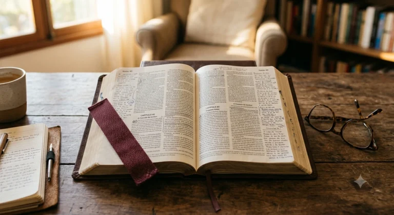 Bíblia de estudo aberta sobre a mesa, com anotações nas margens, óculos de leitura e marcador de página de tecido