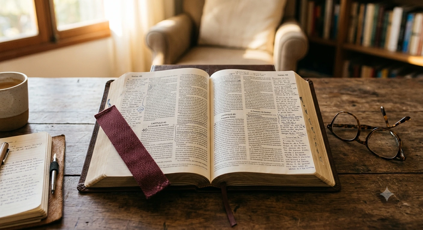 Bíblia de estudo aberta sobre a mesa, com anotações nas margens, óculos de leitura e marcador de página de tecido