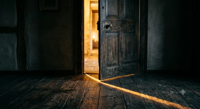 Porta entreaberta de casa antiga com luz do corredor entrando no quarto escuro — o que a Bíblia diz sobre o medo