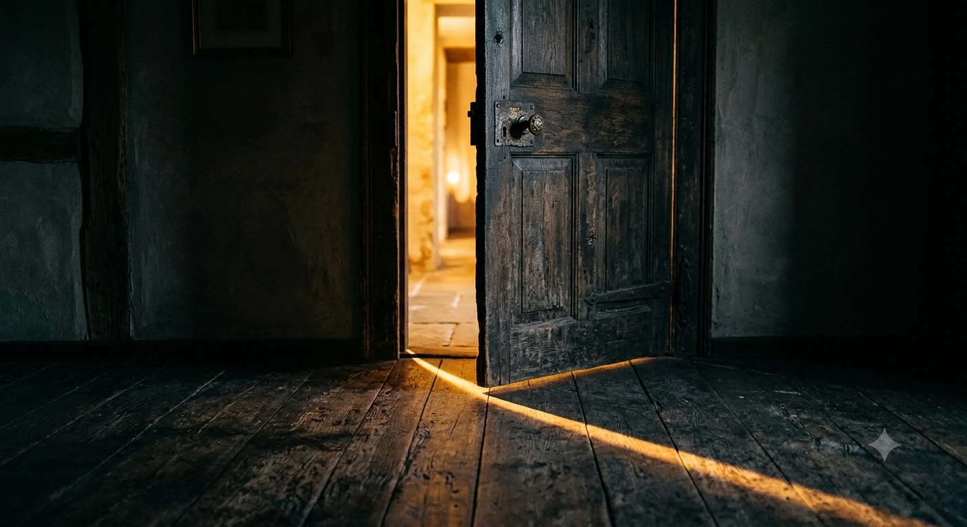 Porta entreaberta de casa antiga com luz do corredor entrando no quarto escuro — o que a Bíblia diz sobre o medo