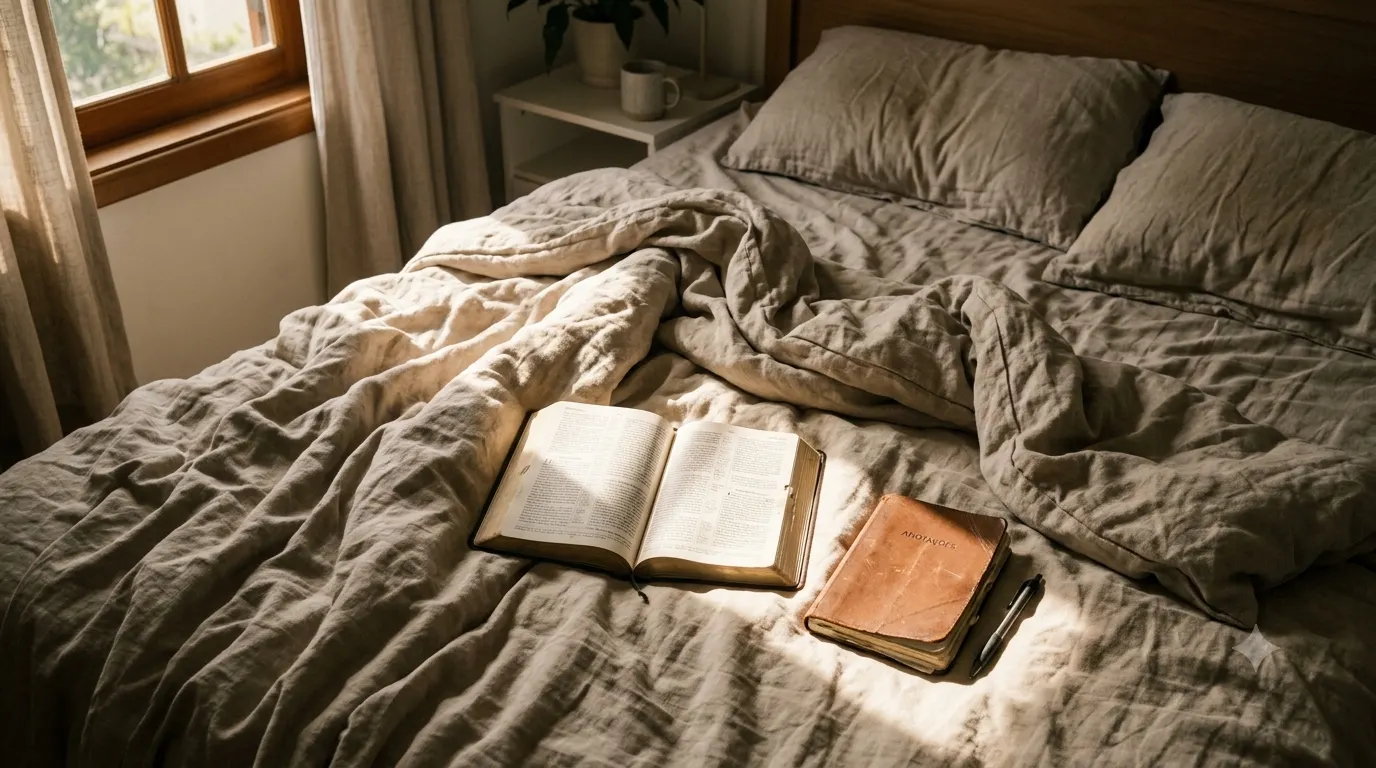 Bíblia aberta sobre colcha de linho com luz da manhã atravessando a janela — sonhar com anjo