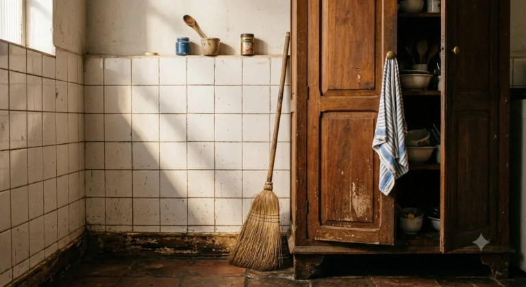 Canto de cozinha antiga com azulejos brancos e vassoura encostada — sonhar com barata