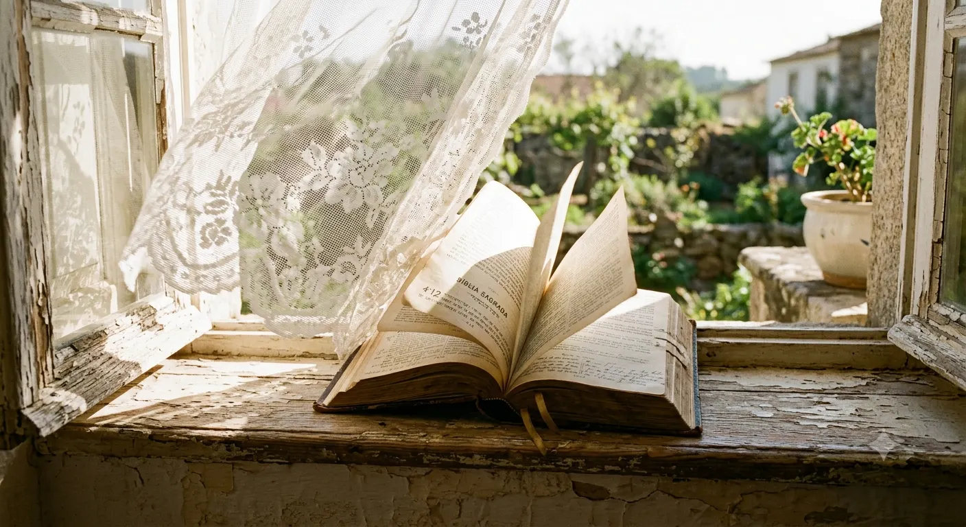 Bíblia aberta no peitoril da janela com cortina de renda ao vento — sonhar com Bíblia