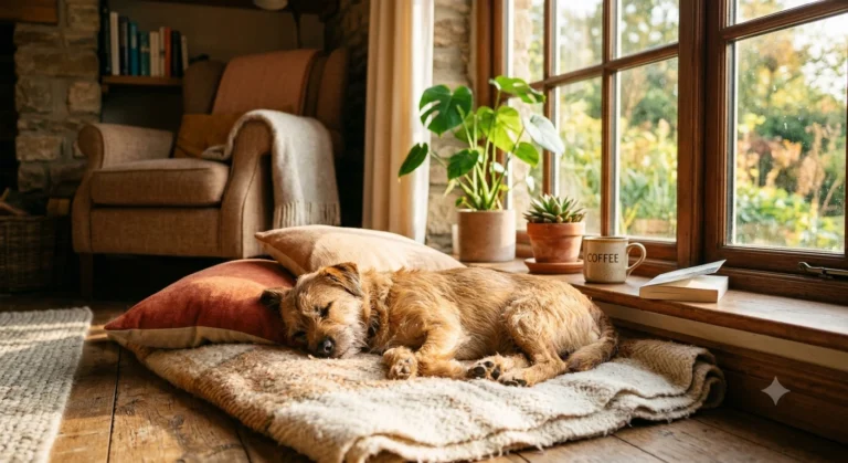 Cachorro deitado tranquilo perto de uma janela iluminada, representando paz e companhia