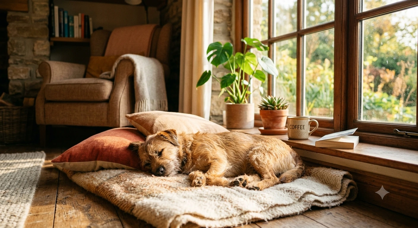 Cachorro deitado tranquilo perto de uma janela iluminada, representando paz e companhia