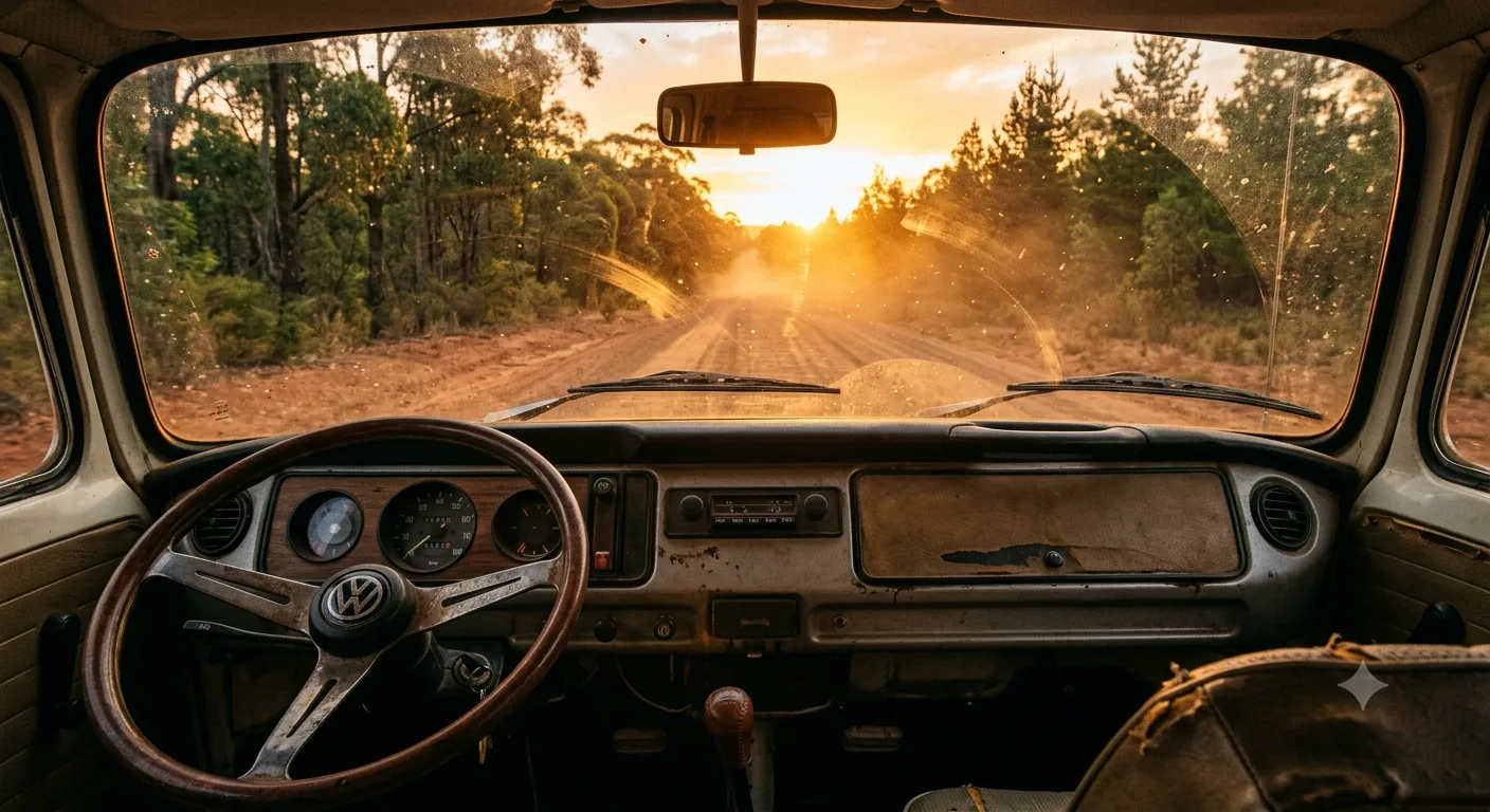 Volante e estrada de terra vistos do banco do motorista — sonhar com carro