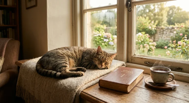 Gato malhado descansando no peitoril de uma janela ensolarada, com uma Bíblia fechada e uma xícara de chá ao lado