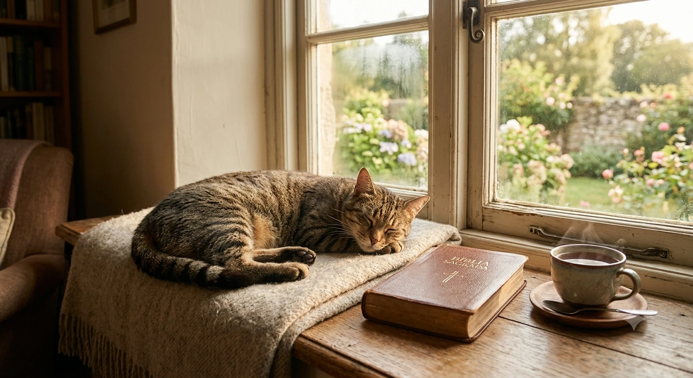 Gato malhado descansando no peitoril de uma janela ensolarada, com uma Bíblia fechada e uma xícara de chá ao lado