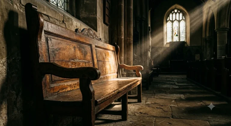 Banco de madeira antiga vazio com feixe de luz descendo de janela alta — sonhar com igreja