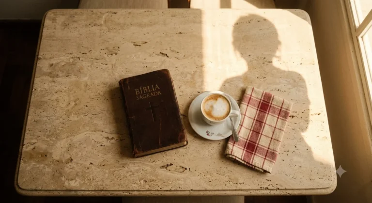 Xícara de café com leite sobre mesa de pedra e Bíblia fechada ao lado — sonhar com Jesus