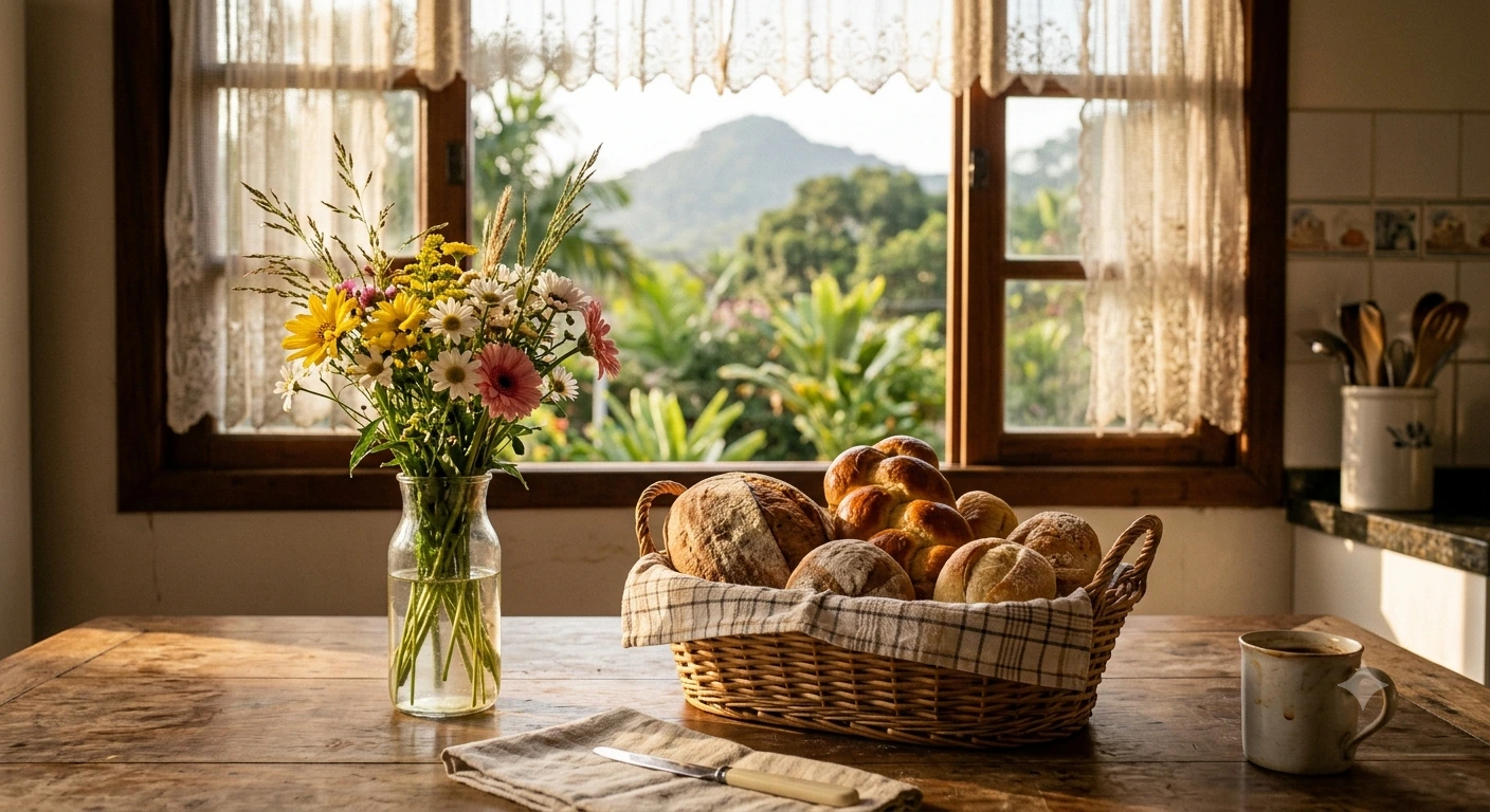 Vaso com flores do campo recém colhidas ao lado de uma cesta de pães caseiros na mesa da cozinha