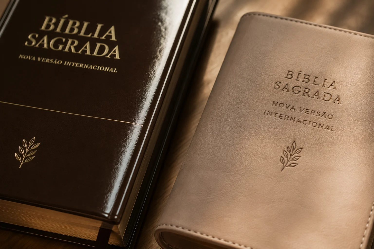 Detalhe macro comparando a textura de uma capa dura brilhante e uma capa de couro flexível lado a lado