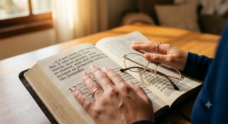 Mãos segurando Bíblia de letra gigante, óculos de leitura ao lado