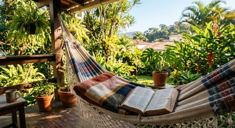 Rede de varanda com manta dobrada e Bíblia aberta sobre o assento, ambiente externo ensolarado