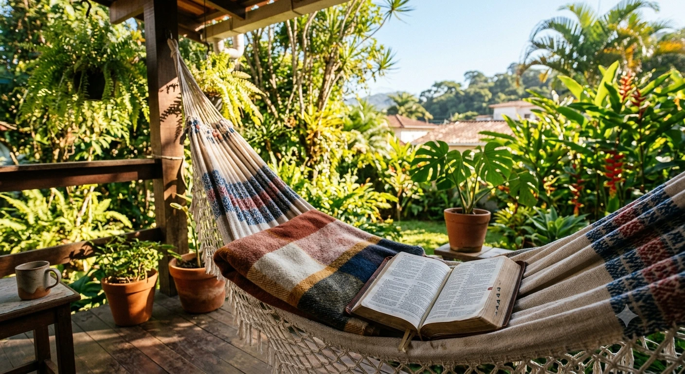 Rede de varanda com manta dobrada e Bíblia aberta sobre o assento, ambiente externo ensolarado