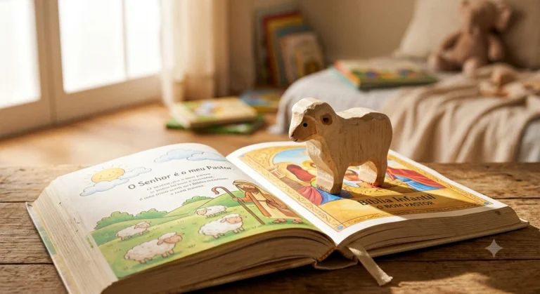Pequena ovelha de brinquedo em madeira sobre página ilustrada de Bíblia infantil aberta