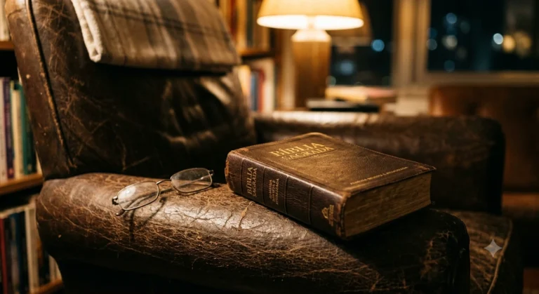 Bíblia de acabamento clássico sobre braço de poltrona de couro, óculos de leitura ao lado, luz de abajur