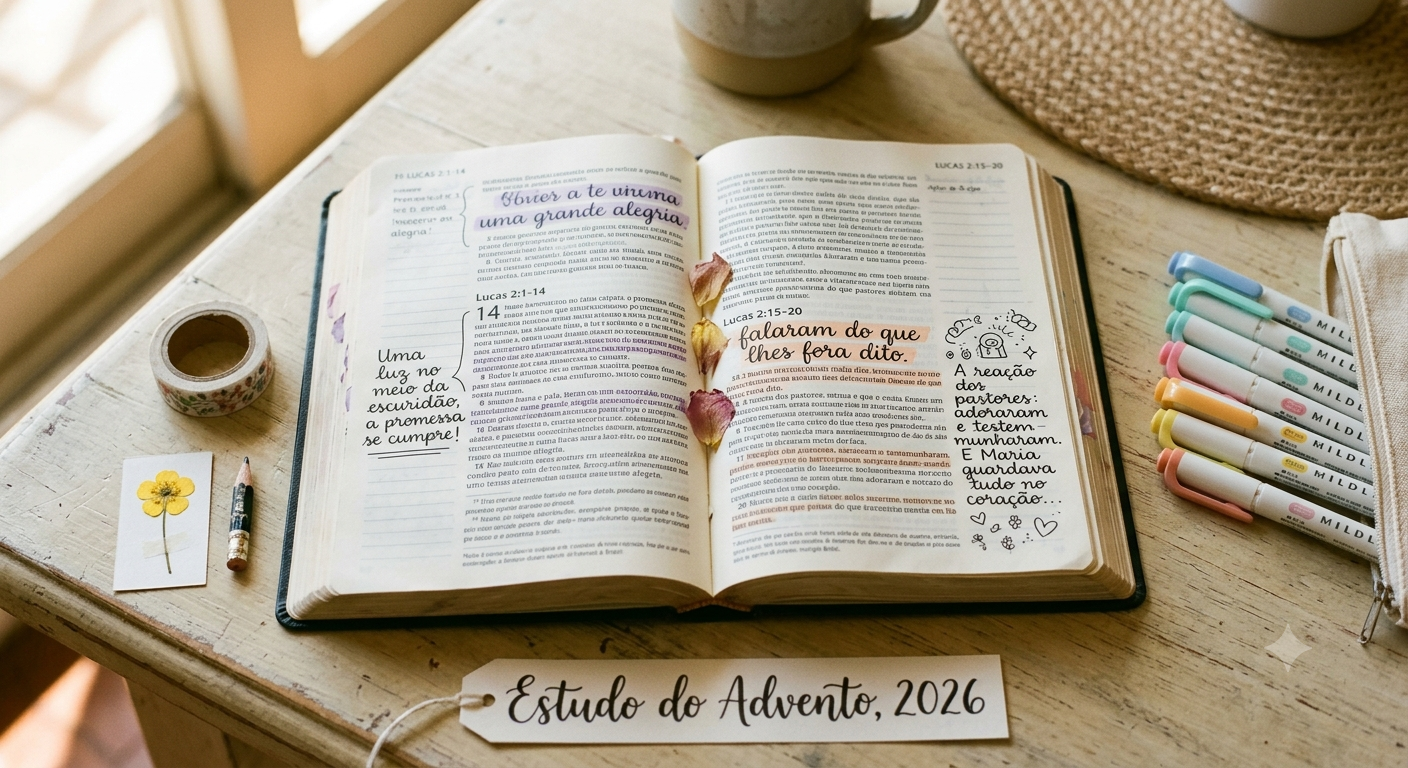 Bíblia de anotações com canetinhas coloridas e washi tape, journaling bíblico