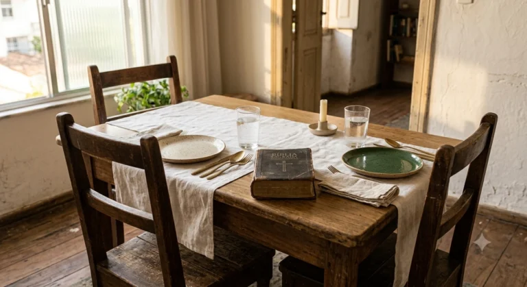 Duas cadeiras lado a lado em mesa posta para dois, Bíblia entre elas, luz da manhã