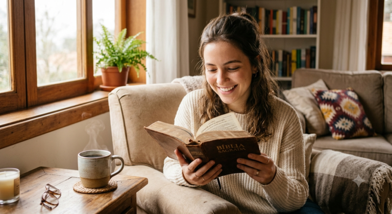 Mulher segurando uma Bíblia para iniciantes na fé, sentada em ambiente aconchegante com luz natural e uma xícara de café ao lado