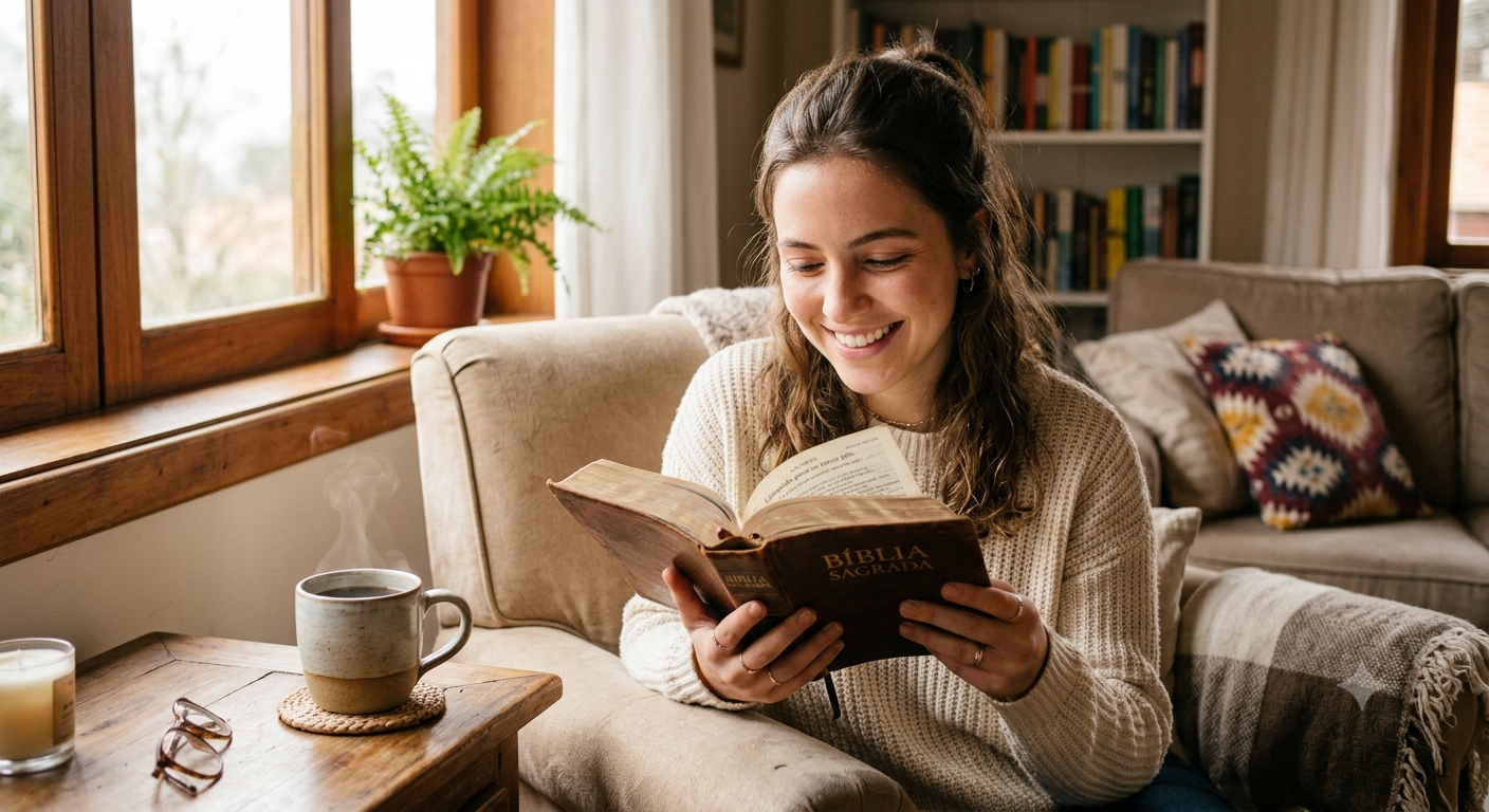 Mulher segurando uma Bíblia para iniciantes na fé, sentada em ambiente aconchegante com luz natural e uma xícara de café ao lado