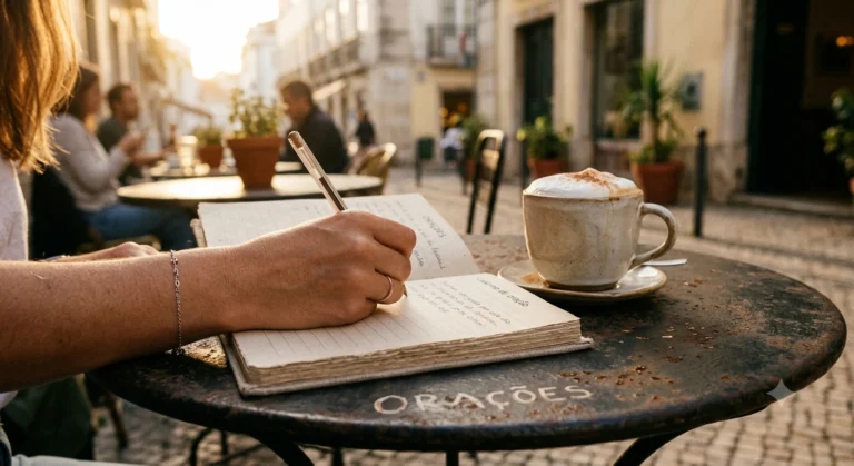 Mão escrevendo em caderno de oração aberto sobre mesa de ferro estilo bistrô, com café com espuma de leite