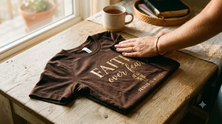 Mão dobrando camiseta estampada sobre caminho de mesa em mesa de madeira rústica