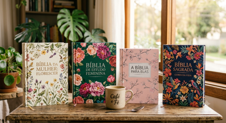 Várias Bíblias femininas com capas florais e coloridas organizadas lado a lado sobre mesa de madeira clara, representando um comparativo de edições