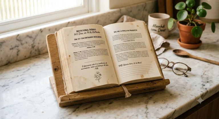 Devocional de 365 dias aberto sobre suporte de leitura, luz da manhã