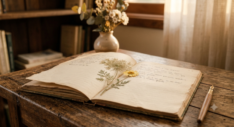 Caderno aberto com flor prensada entre as páginas, caneta ao lado