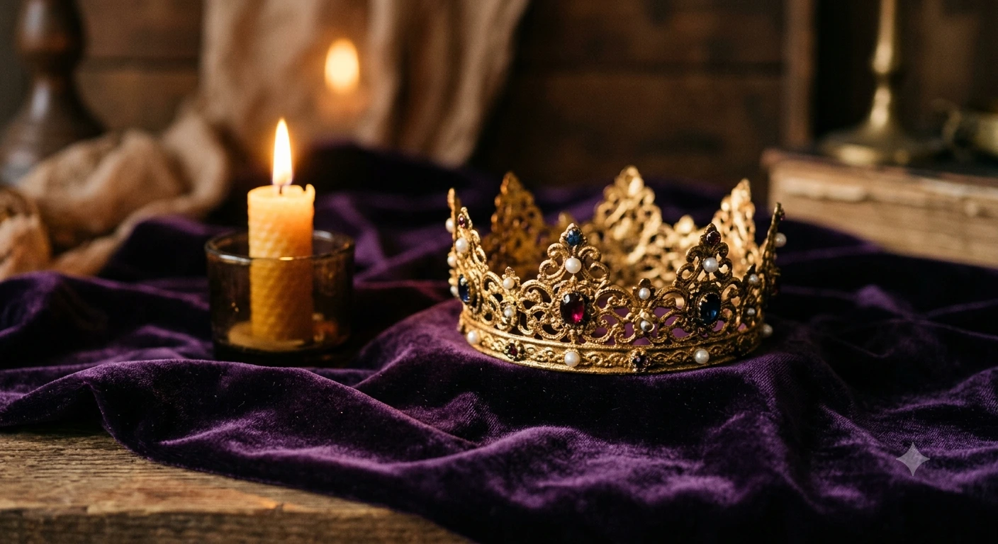 Coroa dourada decorativa sobre tecido de veludo roxo, com vela acesa ao lado, simbolizando coragem e realeza