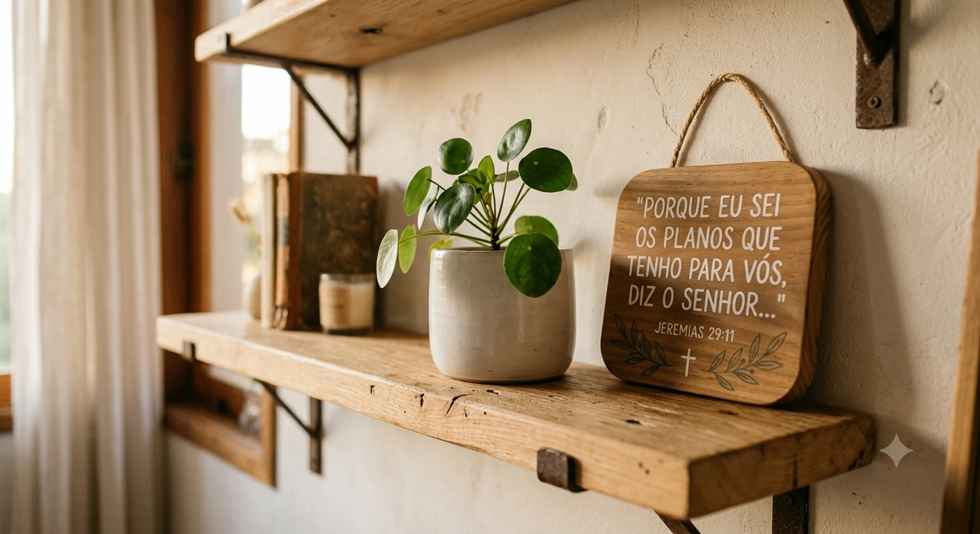 Cantinho decorado com vaso de planta, placa com versículo e vela, sobre prateleira de madeira