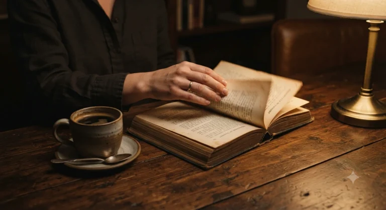 Mão folheando livro sobre mesa de madeira escura, com xícara de café ao lado, luz de abajur à noite