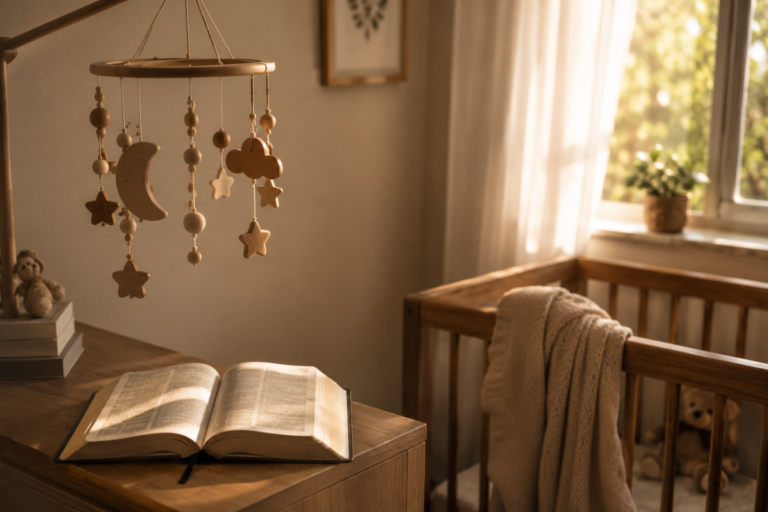 Móbile de berço em madeira suspenso sobre um livro aberto, em ambiente aconchegante de quarto de bebê
