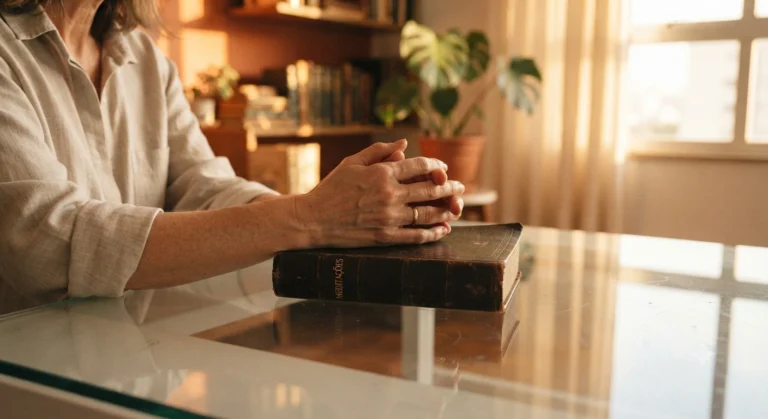 Mãos em oração pousadas sobre livro fechado, com guardanapo de pano e xícara de chá sobre mesa de vidro