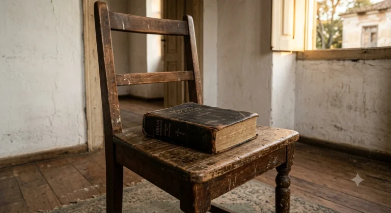 Bíblia repousada sobre o assento de uma cadeira de madeira antiga, luz quente do fim de tarde