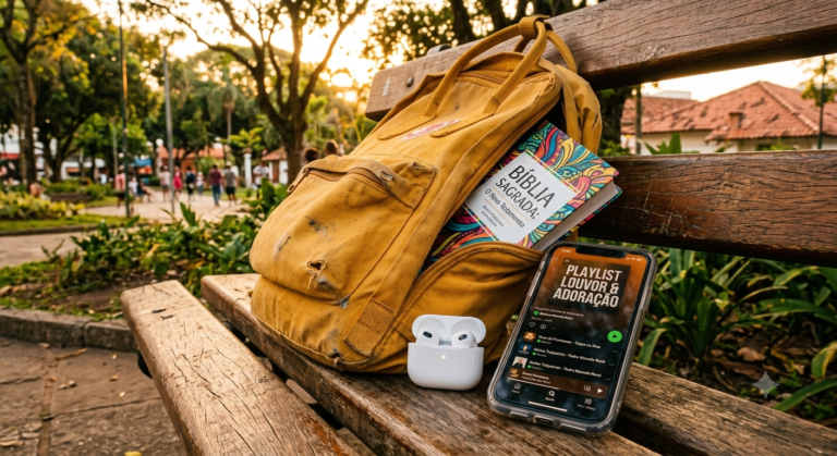 Bíblia jovem e moderna saindo de mochila, cenário ao ar livre