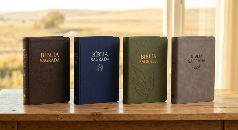 Quatro Bíblias diferentes lado a lado sobre mesa de madeira clara, representando as diferentes traduções bíblicas disponíveis