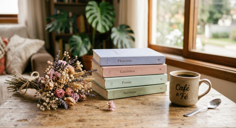 Pilha de livros cristãos femininos com capas delicadas sobre mesa de madeira clara, ao lado de uma xícara de café