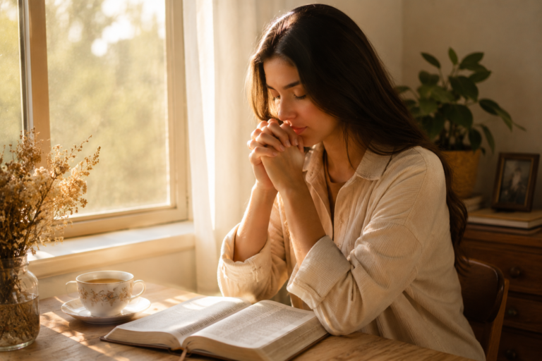 Mulher segurando uma Bíblia para iniciantes na fé, sentada em ambiente aconchegante com luz natural e uma xícara de café ao lado