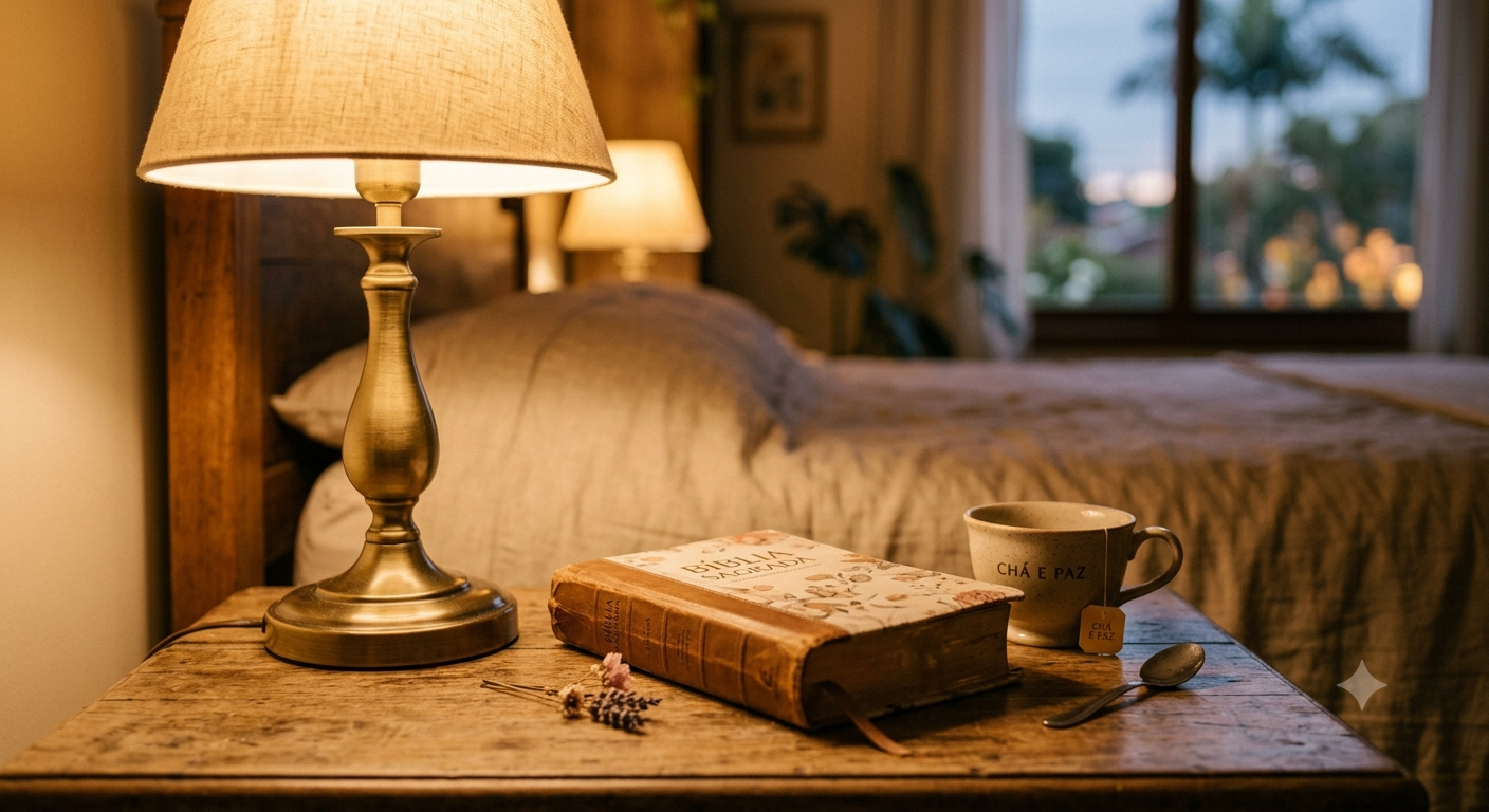 Luminária acesa sobre mesa de cabeceira ao lado de uma Bíblia fechada e uma xícara, em quarto aconchegante ao entardecer, simbolizando o momento de oração antes de dormir