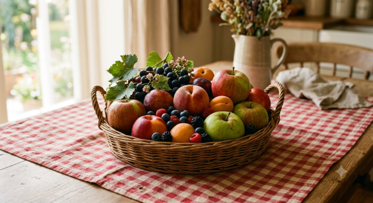Cesta de frutas frescas coloridas sobre toalha de mesa xadrez