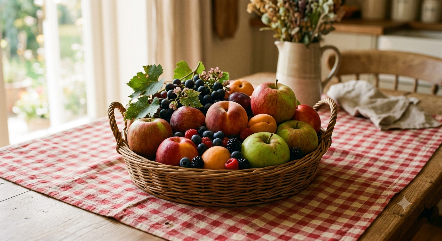 Cesta de frutas frescas coloridas sobre toalha de mesa xadrez