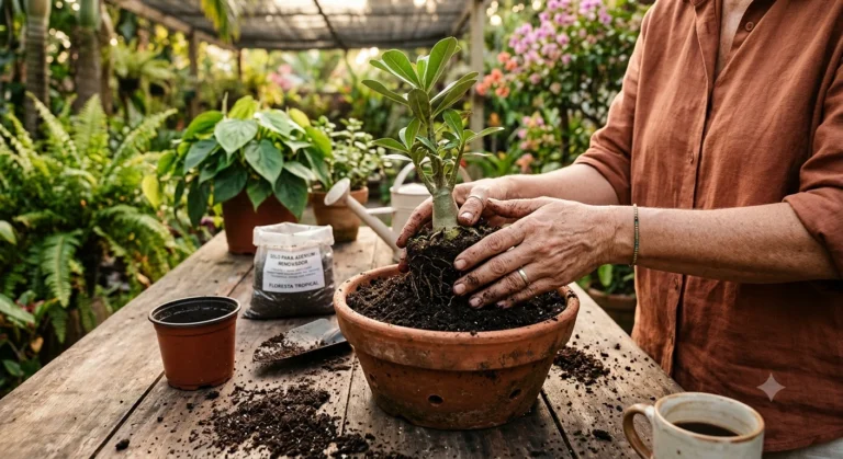 Mãos replantando uma muda verde em vaso novo com terra fresca, simbolizando renovação e restauração