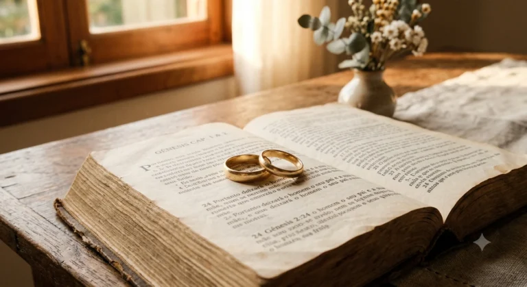 Duas alianças de casamento sobre uma Bíblia aberta, símbolo de união e compromisso