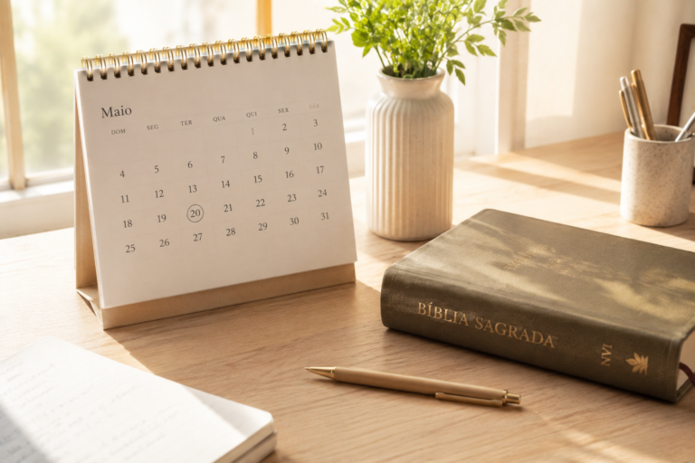 Calendário de mesa e Bíblia sobre escrivaninha, planejamento de leitura bíblica