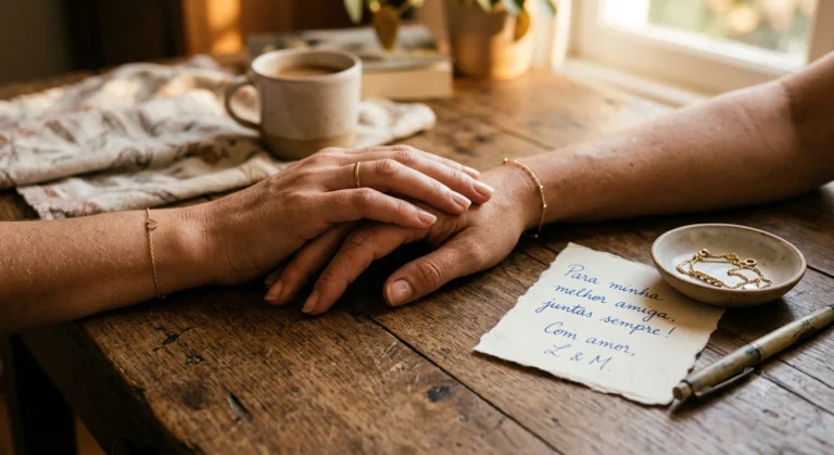 Duas mãos entrelaçando um par de pulseiras de amizade sobre mesa de madeira, ao lado de bilhete escrito à mão