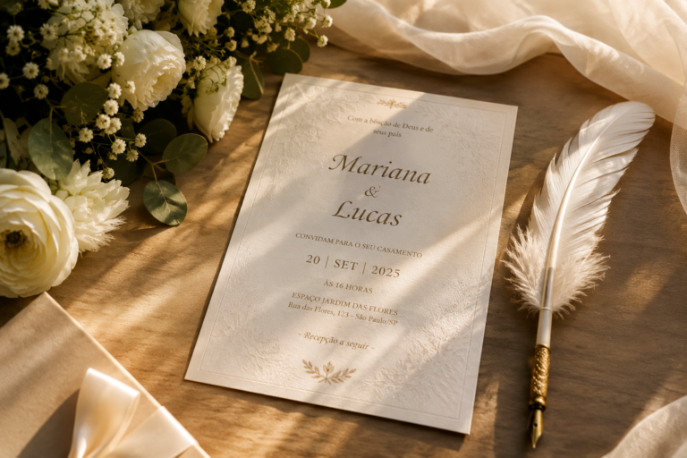 Convite de casamento e pena de assinatura sobre mesa decorada com flores brancas