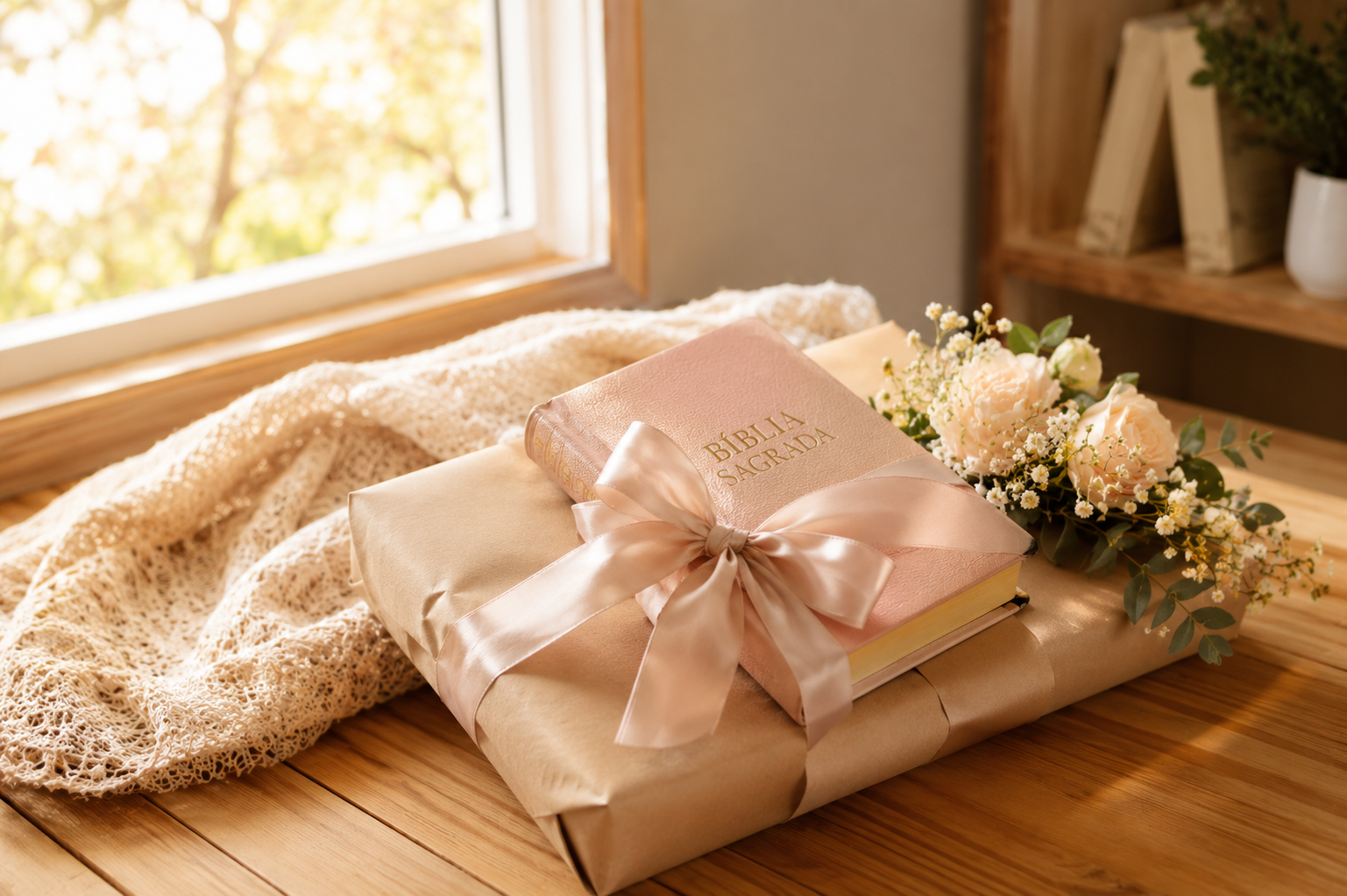 Presente cristão embrulhado com Bíblia e flores sobre a mesa, simbolizando um mimo de fé para uma mulher especial